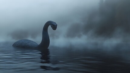 Legendary Loch Ness Monster Emerging from Misty Lake