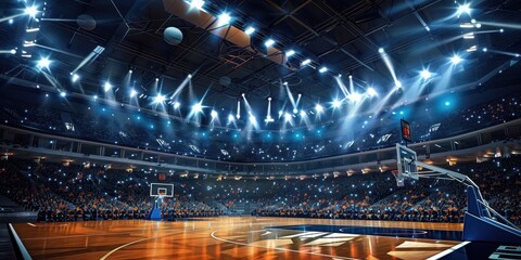 A vibrant basketball arena filled with excited fans and bright floodlights, ready for the big game night atmosphere