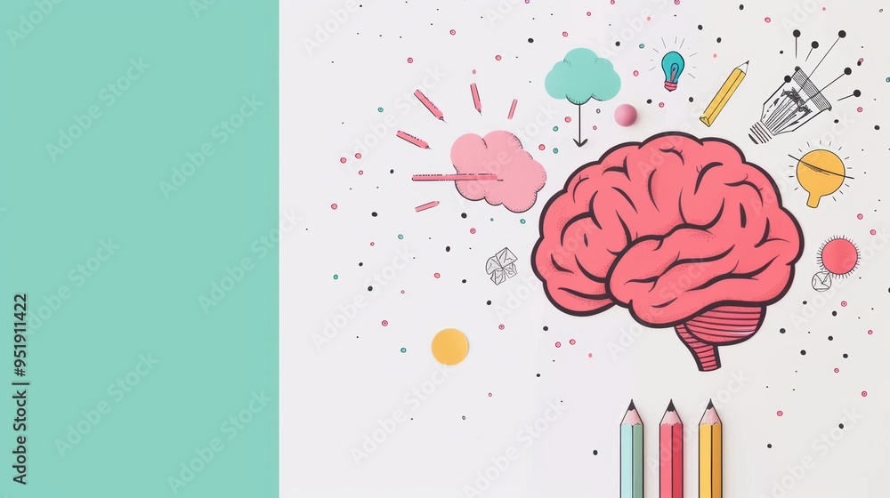 Poster a creative depiction of a human brain connected to marketing elements through brainwaves, with ample