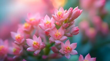 Obraz premium Bright Pink Jade Plant Flowers in Close Up with Sharp Focus and Blurred Garden Background