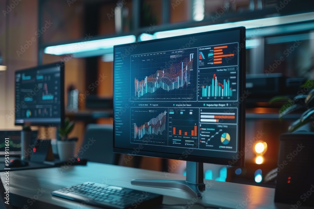 Poster desktop computer monitor showing statistics, data analysis charts, infographics displaying on screen