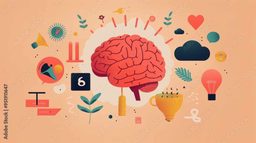 Poster an artistic illustration of brainwave activity interacting with marketing symbols, with ample copy s