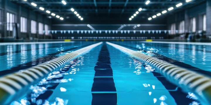 Indoor swimming pool with neatly set lanes and bright overhead lights reflecting off the clear water