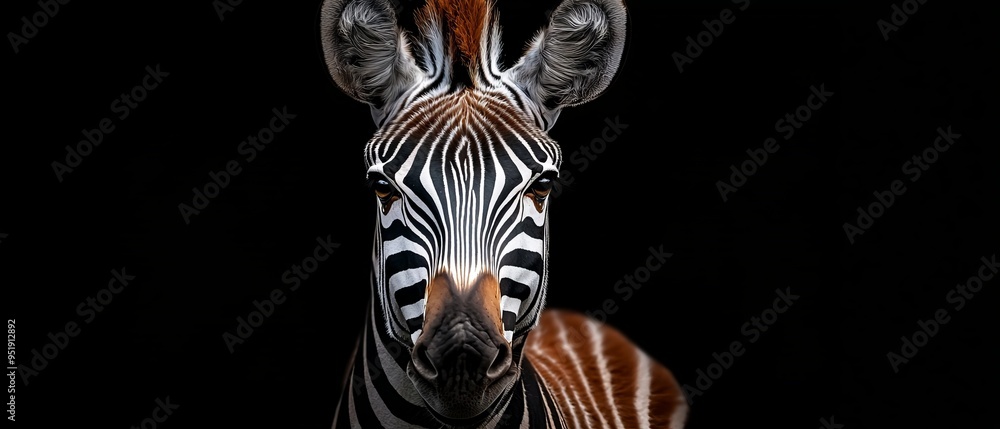 Wall mural a tight shot of a zebra's head against a black backdrop, with a red-headed zebra in the foreground