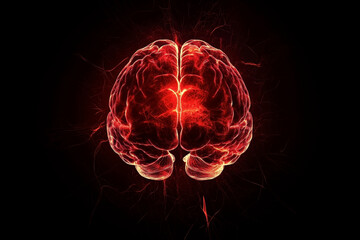 Brain illuminated by red neon light on a black background