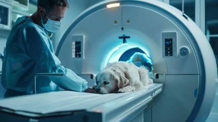 A man in a blue lab coat is examining a dog in a hospital room