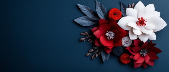 red, white, and gray leaves and blooms centrally arranged