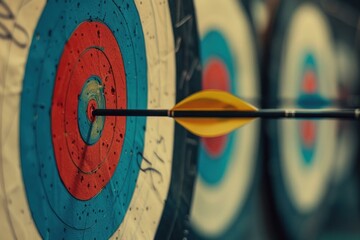 Arrow is hitting the center of an archery target on a range