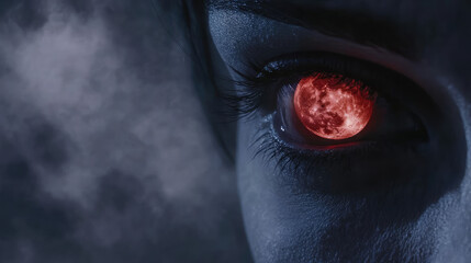 Blood moon reflecting in the eyes of a vampire as they prepare to strike, with fog rolling in.