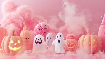 Halloween 3D figures of pink pumpkins, ghosts, skeletons, pink background with smoke. Invitation mockup. Generative AI