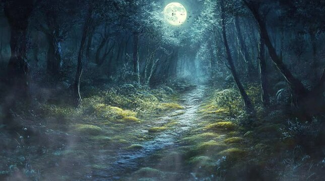 A winding pathway through a misty forest illuminated by a full moon, creating a serene and mystical nighttime landscape
 seamless looping 4k time-lapse virtual video animation background. generated ai