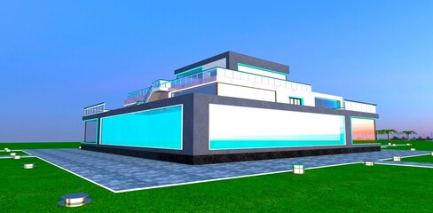 Fototapeta premium A glass pool inside a private country house, with the water surface replacing the terrace. 3D rendering.