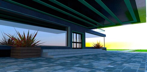 A shaded entrance to a luxurious country estate. A massive canopy and a pedestrian pathway extending into the distance. 3D rendering.