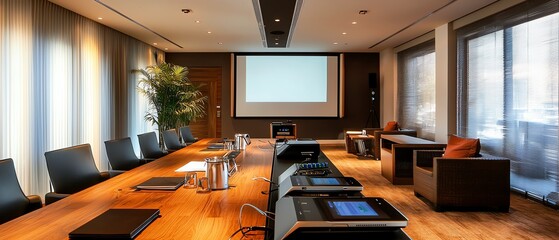 Modern conference room with a large table, comfortable chairs, and audiovisual equipment, ideal for meetings and presentations.