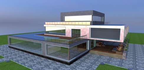 3D model of a compact country villa with pools on the terraces. 3d rendering.