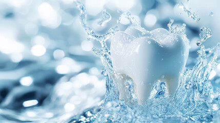 Close up of healthy tooth with water splash, whitening and cleaning procedure. Dental medicine. Generative AI