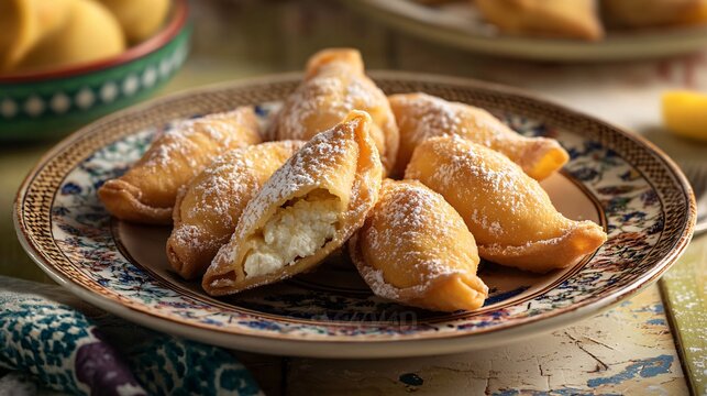 Sicilian cassatelle filled with sweet ricotta, arranged on a ceramic plate with a Mediterranean backdrop