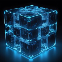 Three dimensional render of blue glowing blockchain cube