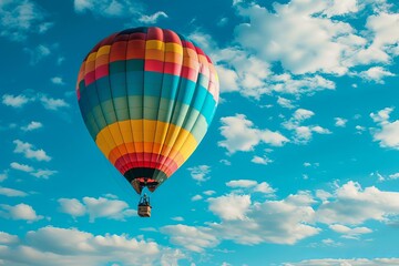 Fototapeta premium Colorful hot air balloon is flying through a beautiful blue sky with fluffy white clouds
