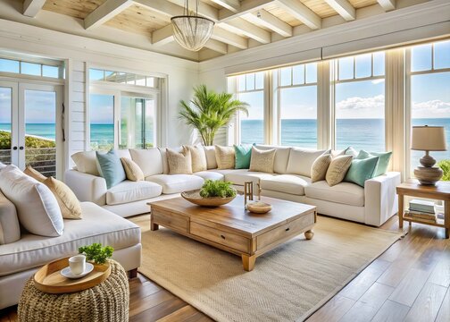 Vibrant coastal haven with natural textures, airy atmosphere, and soft morning light, blending elegance with beachy vibe, featuring a plush sectional sofa in creamy whites.