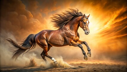 Vibrant, dynamic, morning sunlight captures a muscular, galloping horse in mid-air, mane and tail flowing, amidst a blurred, rustic, golden background, conveying freedom and untamed power.