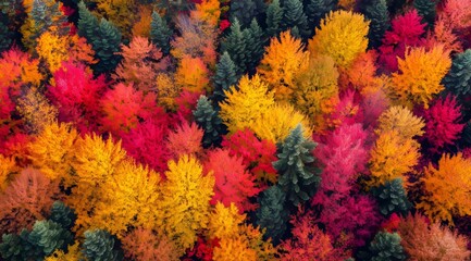 Top View of Fall Forest with Colorful Tree Crowns Creating an Abstract Natural Pattern of Autumn Hues