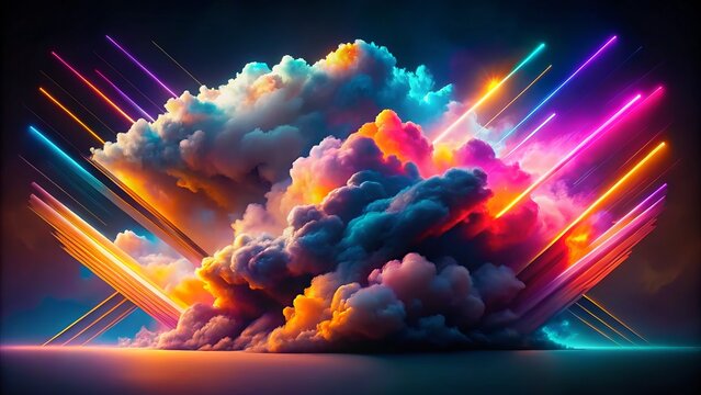 vibrant fusion of 4s and logo elements featuring swirling abstract clouds, bold metallic accents, dynamic perspective, contrasty moody lighting, and a futuristic neon color palette.