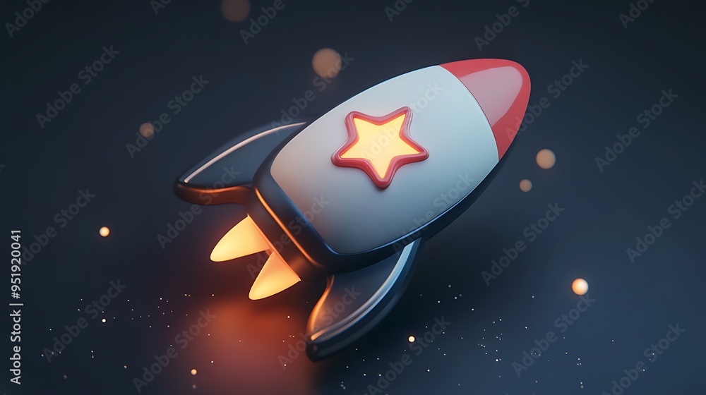Poster a 3d render of a rocket with a star on it in space