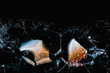 Close-up of soap foam bubbles with iridescent surface areas on a black background