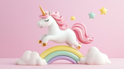 A White Unicorn Leaps Over a Rainbow with Clouds and Stars in the Background