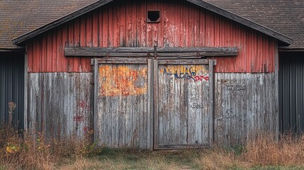 The image depicts an old, weathered barn with a mix of red and gray painted wooden surfaces. The barn's exterior features peeling paint, adding to its rustic and aged appearance. There is a large slid