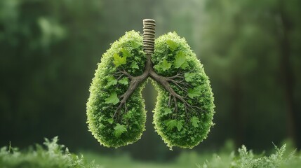 Lungs of Nature: A lush, verdant symbol of healthy life, a pair of lungs made of foliage, showcasing the interconnectedness of nature and human well-being