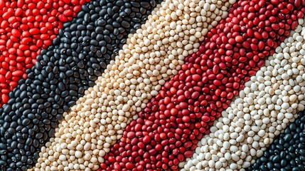 Colorful assortment of dried beans arranged in stripes on a surface