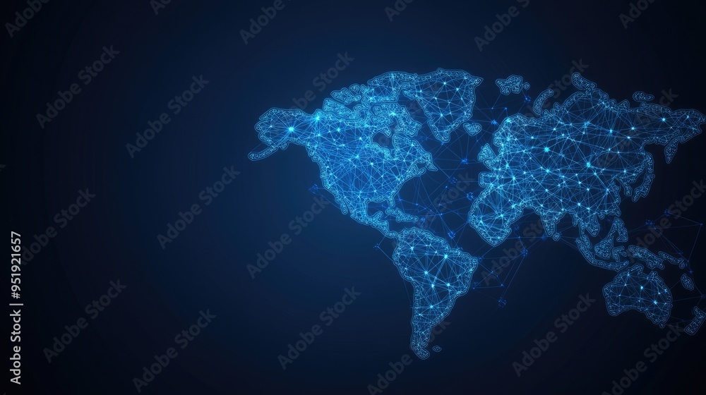 Poster a world map designed with glowing connections highlights the global network of digital technology, i