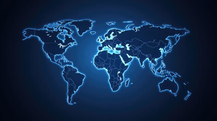 A world map designed with glowing connections highlights the global network of digital technology, ideal for illustrating business and internet concepts