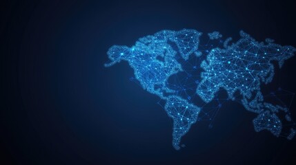 A world map designed with glowing connections highlights the global network of digital technology, ideal for illustrating business and internet concepts