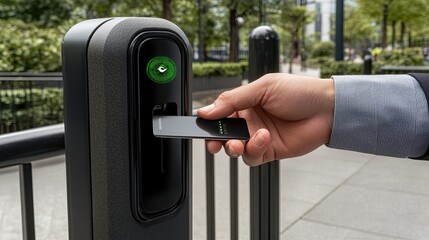 A businessman inserts a plastic card into a turnstile at the office entrance, ready to access the building during busy work hours