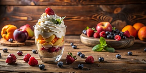Vibrant morning light on whipped cream swirls adorned with fresh berries and sliced peaches in a elegant glass vase on a rustic wooden background nostalgia warmth