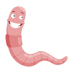 Fototapeta premium Funny worm laughs. Pink crawler amazemented. Earth worm cartoon character, wildlife nature. Insect for kids illustration