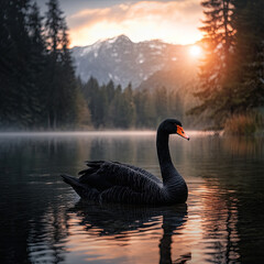 Fototapeta premium Black swan close-up on a lake against the backdrop of a mountain landscape. Sunset, autumn, peace. Let's protect our home!