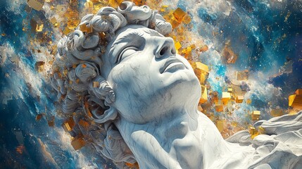 Stunning marble sculpture of David surrounded by golden fragments in space