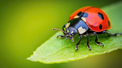 Fototapeta premium Close-up of a ladybug on a green leaf, highlighting the small but vital creatures that contribute to Earth's biodiversity