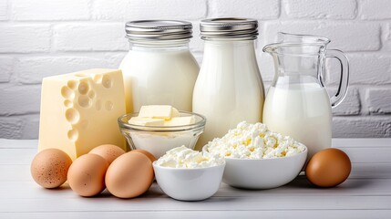 This arrangement features an assortment of dairy products, showcasing milk, cheese, butter, and eggs in soft pastel tones, with natural light enhancing their textures and colors.