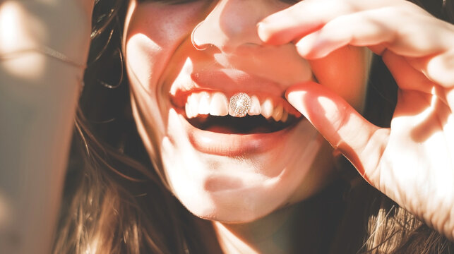  Close-up of a smiling woman with a sparkling stud on her tooth, sunlight illuminating her face. Tooth gems
