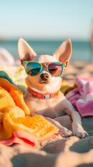 Cute Chihuahua with Sunglasses on a Colorful Beach