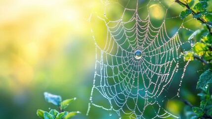 Naklejka premium Close-up of dew on a spider's web, capturing the delicate and intricate connections within Earth's ecosystems