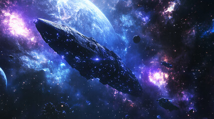 Fototapeta premium cosmic scene with spaceship. High quality digital space art 