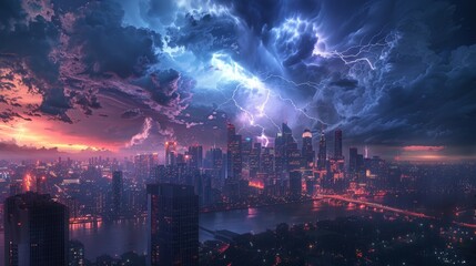 Fototapeta premium Dramatic Lightning Storm Over City Skyline at Sunset