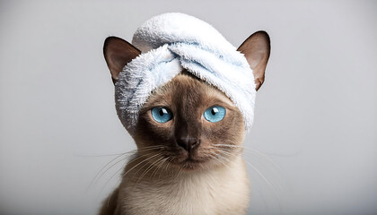 adorable tonkinese cat with towel on head