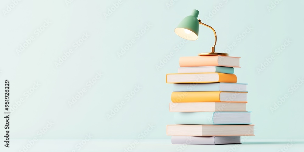 Poster a 3d icon of a colorful stack of books with a small lamp shining light on them, isolated on a transp